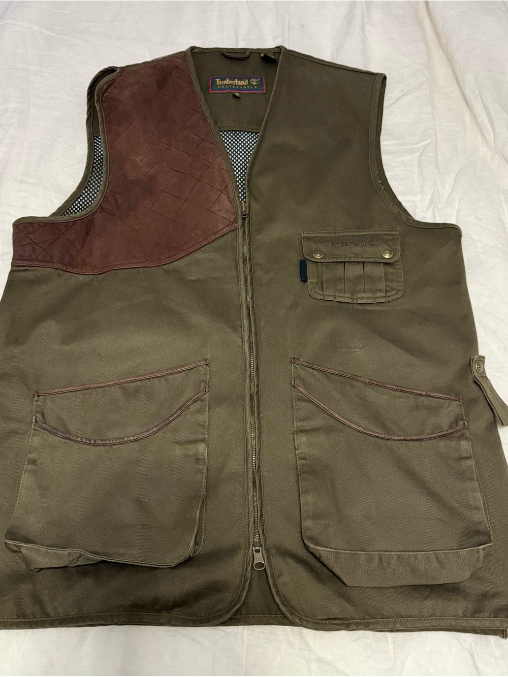 Vintage Timberland Olive Green & Brown Canvas Utility Vest Leather Patch Size XL